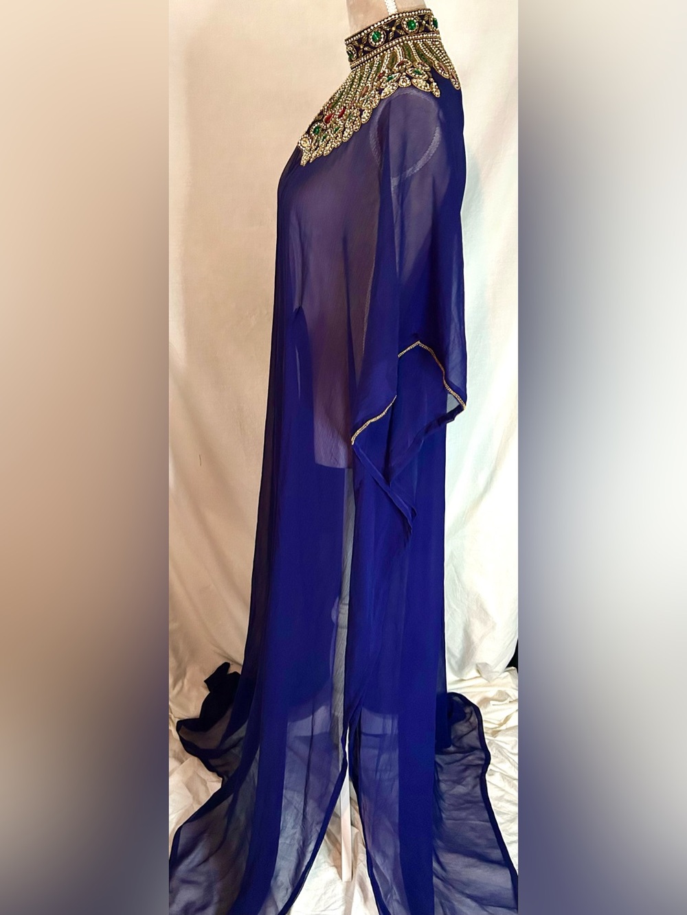 Royal Blue Sheer Hand Beaded Gold, Multicolor Farasha Kaftan Gown, Free Size - Picture 7 of 17